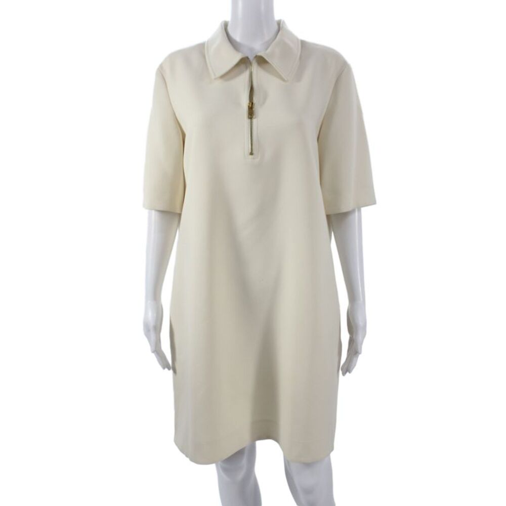 Tory Burch Women Shift Jacket Dress Beige Short Sleeve Collared Zip Size 14